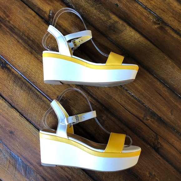 Coach Yellow White Open Toe Leather Wedge Sandals - Picture 2 of 8